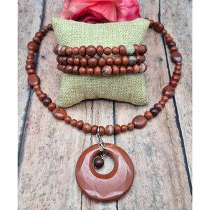Artisan 2 Piece Set Red Jasper Natural Stone Pendant Necklace & Wrap Bracelet